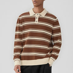 Threebooy  New American Trendy Men Polo Neck Sweater Light Luxury Striped Knit Long Sleeve Pullover Tops High Quality Loose Knitwear M-3XL