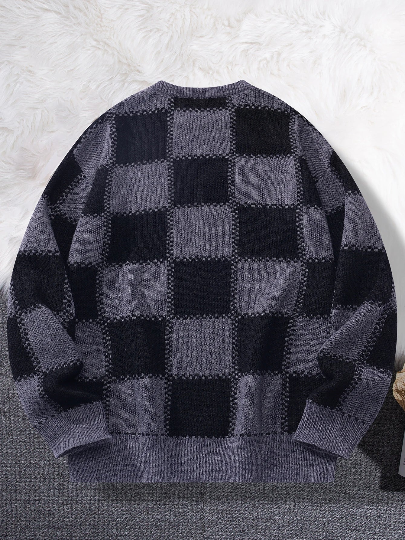 Threebooy New Popular Autumn Winter Plaid Jacquard Pattern Pullover Sweater Casual Round Neck Contrast Color Knitted Men's Pullover