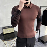Threebooy Fake 2 Pieces Shirt Collar Sweaters Male Slim Fit Fashion Striped Casual Pullover Brand Clothing Man Long Sleeve Sweaters 3XL-M