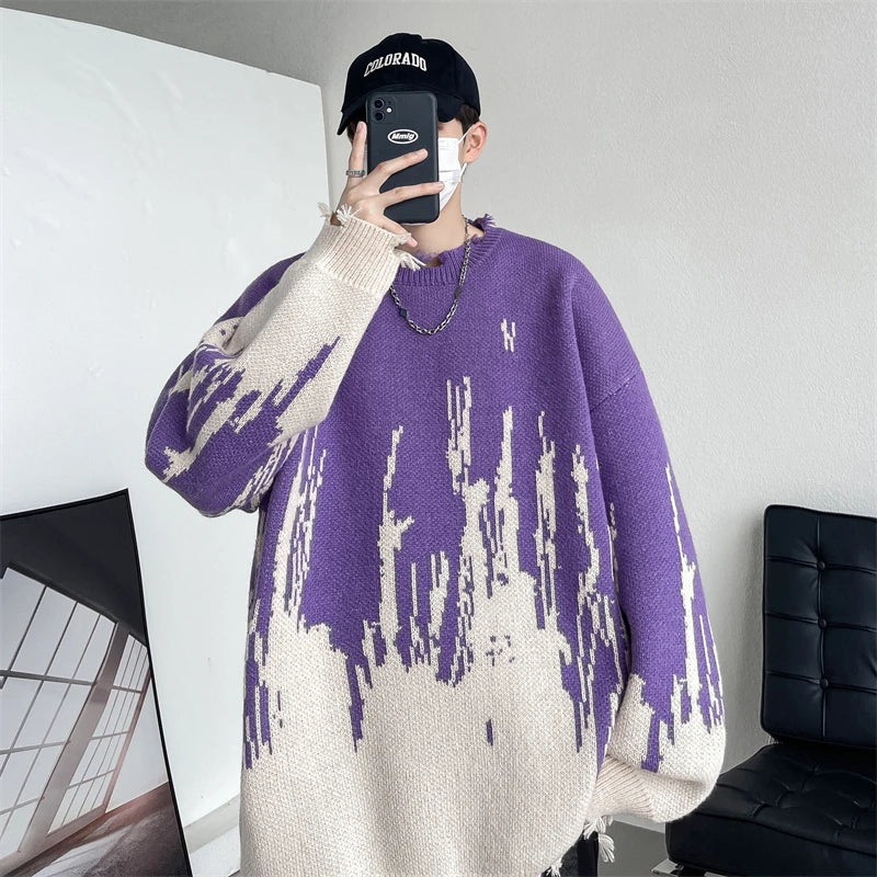 Threebooy Hip Hop Ripped Punk Knitted Sweaters Men Oversized Harajuku Streetwear Sweaters Winter Couples Fashion Knit Pullovers Tops