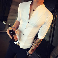 Threebooy  Men Stand-up Collar Shirt Summer New Light Thin Solid Casual Slim Fit Short Sleeve Shirt High Quality Fashion Men Clothing