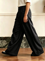 Threebooy  Men's Vintage Pinstripe Baggy Wide Leg Pants 97% Polyester 3% Elastane Pleated High Waist Business Casual Black Navy Trousers