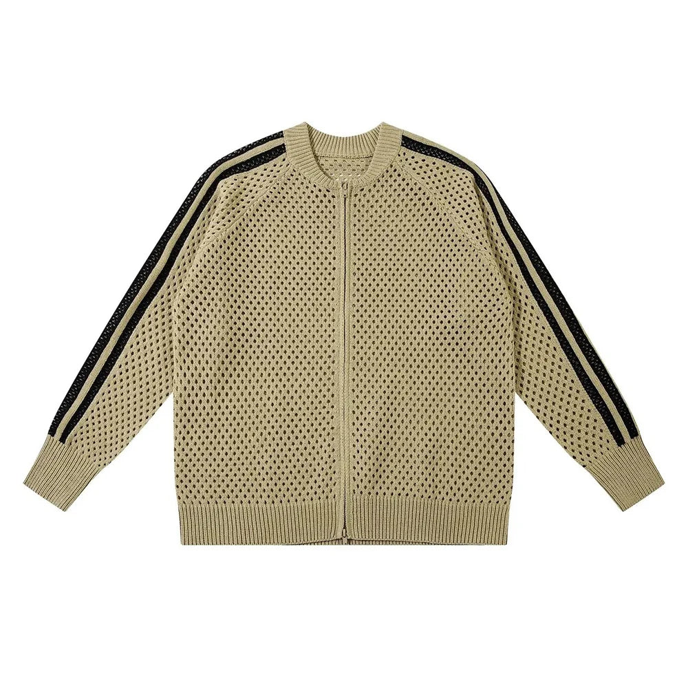 Threebooy   Spring Autumn New Hollow Zipper Cardigan Sweater Men American Retro Niche Casual Loose Sports Lazy Knitted Sweater Jacket