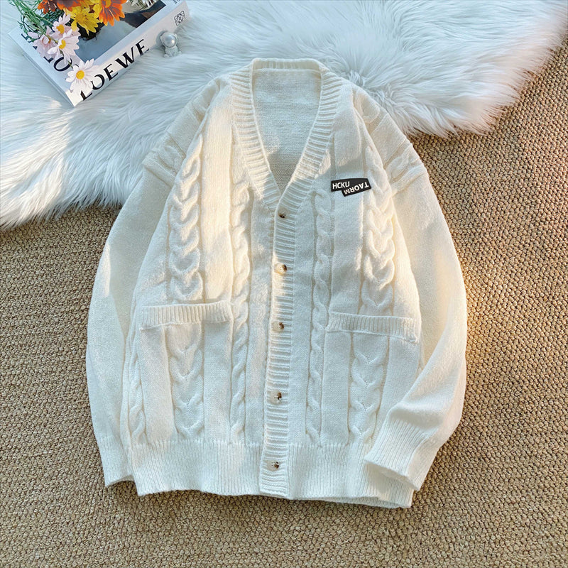 Threebooy Letter Twists Cardigan Sweater Men New Preppy Grunge Cityboy Knit Jacket Japan Couple Casual V-neck Sweater Coat