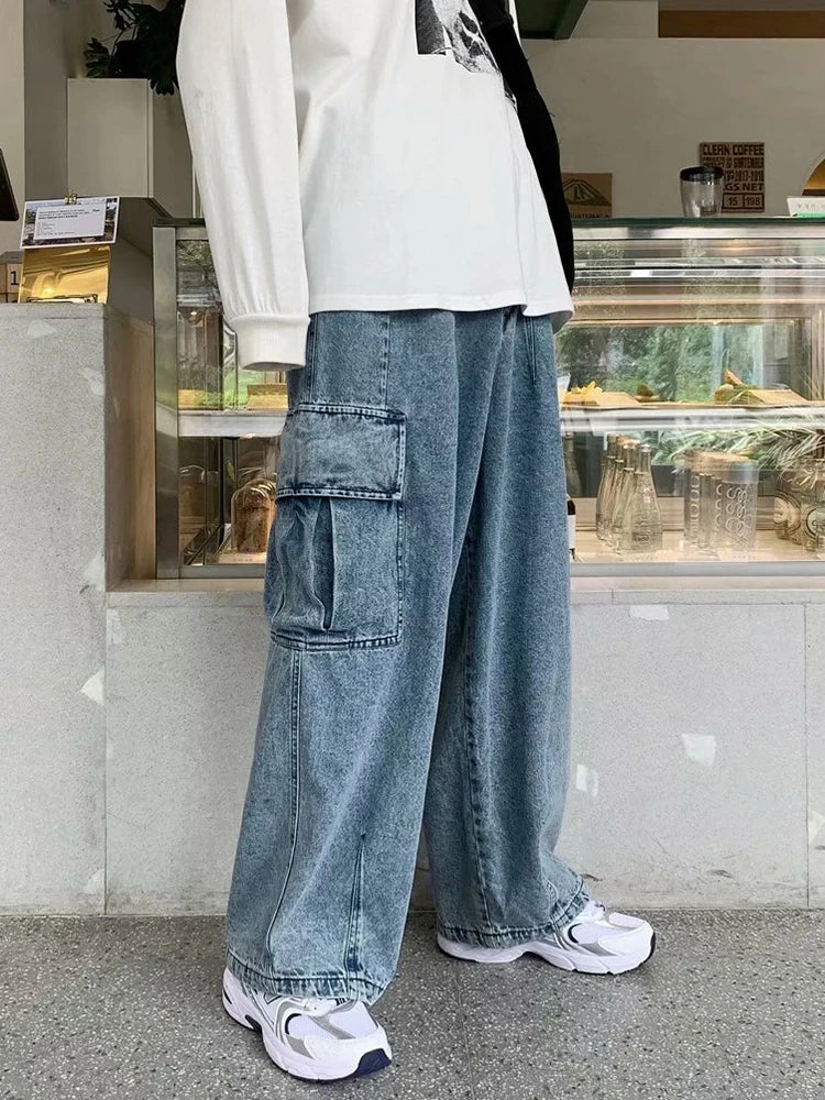 Baggy Jeans Men's Oversize Streetwear Fashion Wide Leg Cargo Pants Hip Hop Harajuku Multi-Pocket Denim Trousers Black Blue