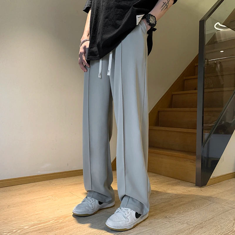 Threebooy Gray/Black Spring Summer Ice Silk Straight Pants Men's Pleated Loose Casual Mopping Trousers Trend Daily Streetwear Harem Pants