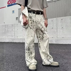 Threebooy Y2K Mens Pants Leopard Print Contrasting Casual Wide Leg Jeans Summer High Street Washed Straight Leg Pants Men's Clothing