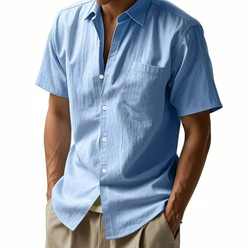 Threebooy Summer Solid Cotton Linen Lapel Short Sleeved Shirt For Men Casual Pocket American Style Shirts And Blouses