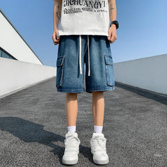 Threebooy Korean Summer Men's Wide Leg Denim Shorts New Fashion Loose Casual Elastic Waist Large Pocket Work Shorts Men's Brand Clothing