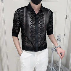 Threebooy  New Mens Black White Lace Hollow Patchwork Shirt Long Sleeve Luxury Party Promshirt Men's Petticoat Nightclub Dress Tuxedo