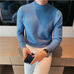 Threebooy Clothing Men's Winter Warm Knitting Sweaters/Male Slim Fit High Collar Stripe Casual Pullover Man Fashion Seaters