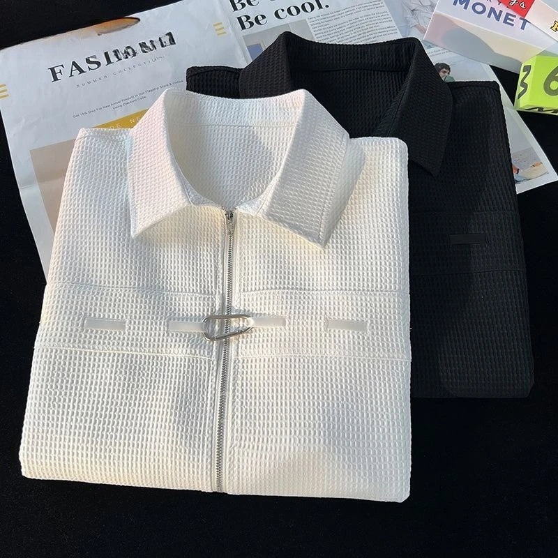 Threebooy Niche Design Zipper Shirt Men's Short-sleeved Summer 2025 New Waffle High-end Casual Shirt Hip Hop Unisex Zipper Blouse