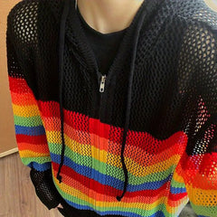 Threebooy Mens Hoodie Colorful Stripes Thin Hollow Knitted Jacket Streetwear Versatile Youth Vacation Campus Couple Blouse Men'S Clothing