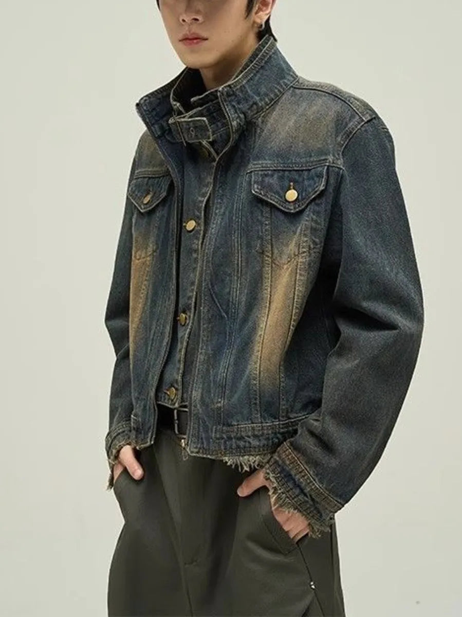 Threebooy Vintage Denim Jacket Man Woman Short Zipper Single Breasted Cowboy Crop Coats Blue Washed Stand Collar Unisex Jeans Outerwear