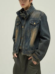 Threebooy Vintage Denim Jacket Man Woman Short Zipper Single Breasted Cowboy Crop Coats Blue Washed Stand Collar Unisex Jeans Outerwear