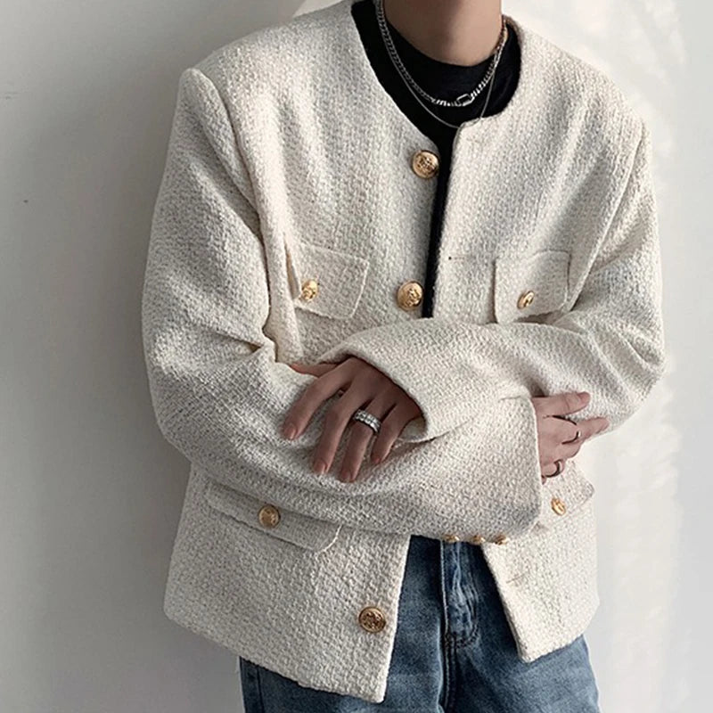 Threebooy Korean Style Fashionable Tweed Round Neck Jacket Men Japanese Trendy High-end Single-breasted Short Jacket with Temperament