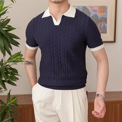 Threebooy Summer Fashion Men Short Sleeve Slim Polo Shirt Vintage Patchwork Knitted Polos Men Clothing Male Casual V-Neck Lapel Pullover