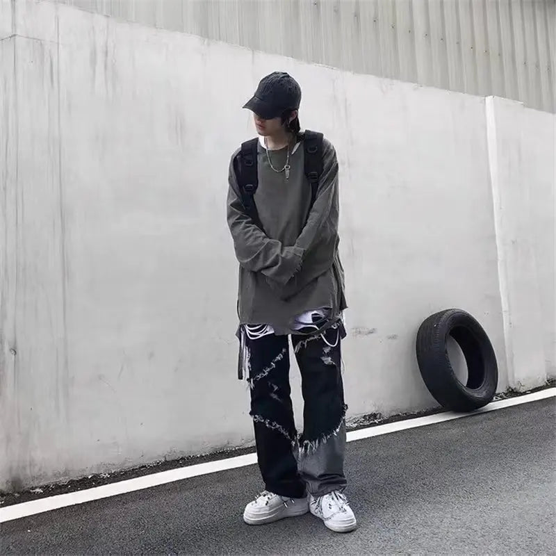 Threebooy Mens Jeans Pants With Hole Casual Vintage Straight Leg Korean Fashion Streetwear Harajuku Trousers