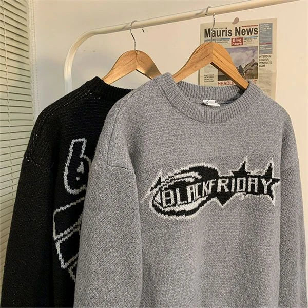 Threebooy Retro Embroidery Sweater Men Women Autumn Winter Thick American Vintage Letter Pullover High Street Loose Knit Sweater Jacket