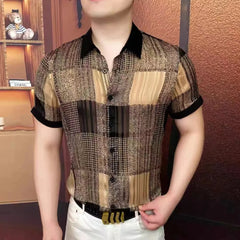 Threebooy   Summer Shirt Men's Slim Fit Handsome Business Casual Shirt Short Sleeve Versatile Trendy Ice Silk Breathable Vacation Shirt