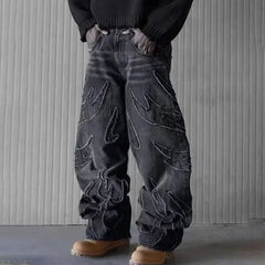 Threebooy Autumn Korean Retro Men'S Jeans With Bat Pattern Embroidery Loose Jeans Street Fashion Casual Straight Leg Pants