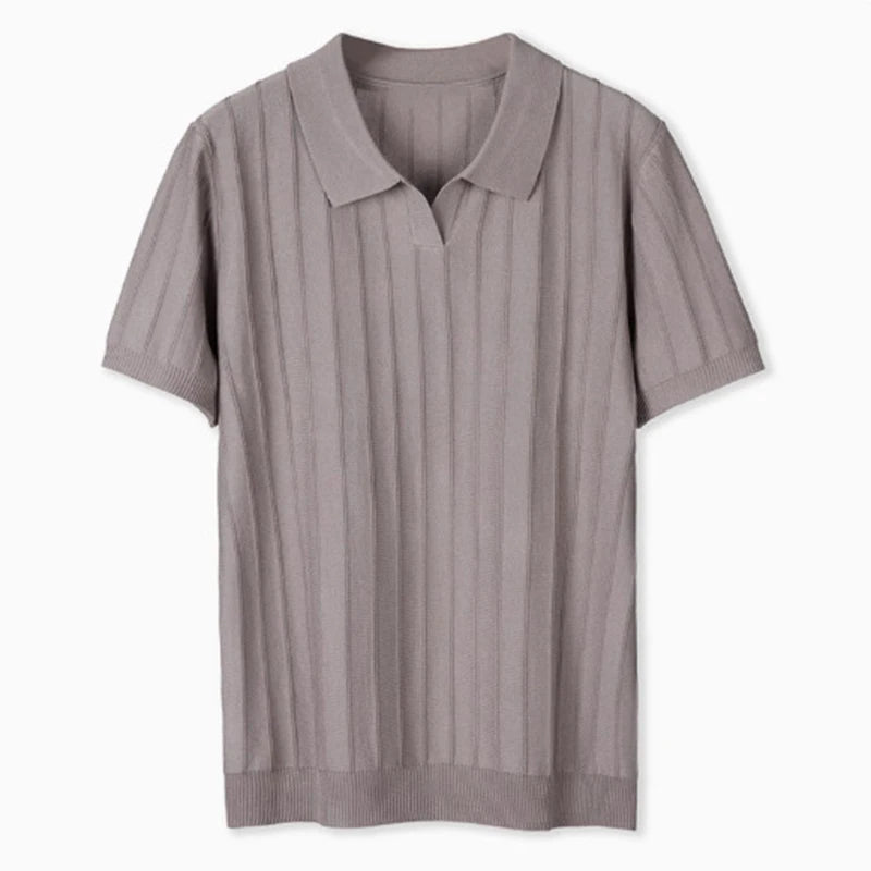 Threebooy  New Men's Clothing Luxury Business V Neck Polo Shirt Casual Slim-fit Knitted Solid Color Short Sleeve T-shirt High Quality Tops