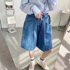 Threebooy Jeans Men's Shorts Summer New Loose Wide Leg Knee Length Pants With Belt Fashion New Vintage Denim Bottoms