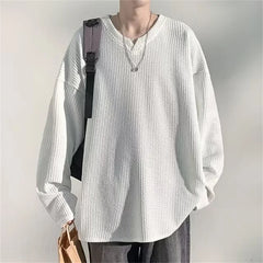 Threebooy  Autumn Men's V-neck Long Sleeve T-shirts New Solid Color Jacquard Waffle Pullover Tops High Street Fashion Breathable Tee Shirts