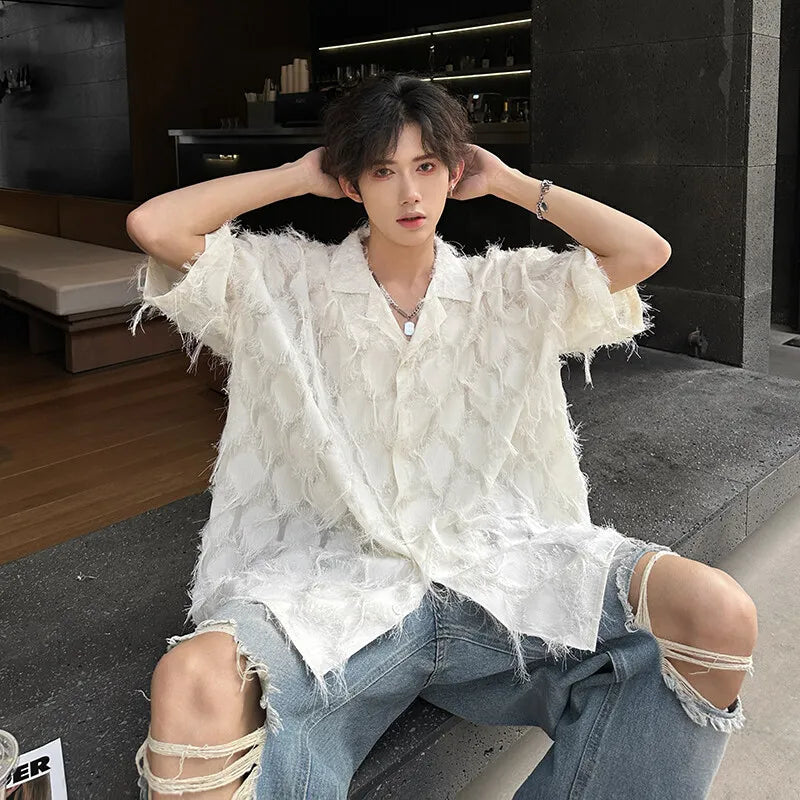 Threebooy Men Loose Short Sleeve Shirt Small Suit Collar Diamond Frayed Edges Unique Design Casual Trendy Mens Fashion Boho Chic Style