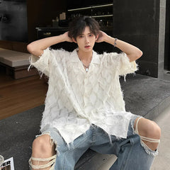 Threebooy Men Loose Short Sleeve Shirt Small Suit Collar Diamond Frayed Edges Unique Design Casual Trendy Mens Fashion Boho Chic Style