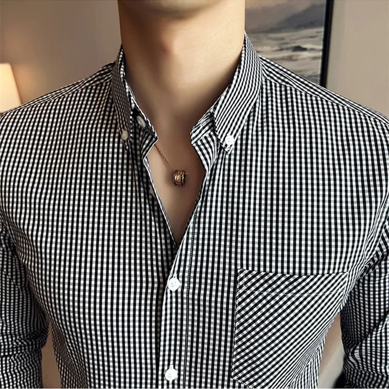 Threebooy  Men Spring High Quality Business Long Sleeve Shirts/Male Slim Fit Fashion Plaid Office Dress Shirts Plus Size S-4XL