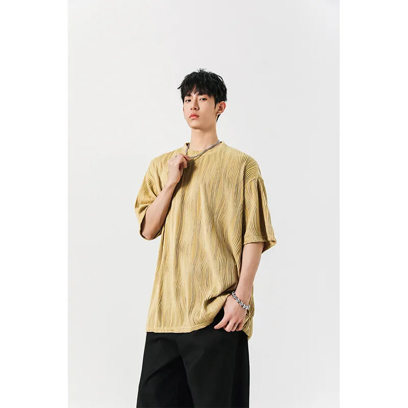 Threebooy Round Neck Ice Silk Pleated T-Shirt Men's Quick Drying Breathable Casual T Shirt Leisure Sport T-shirt Men Plus Size 8XL-M