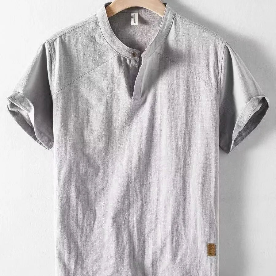 Threebooy Summer Men's Stand Collar Cotton Linen Shirt Casual Button Short Sleeve Beach Shirts Hawaiian T Shirts For Men