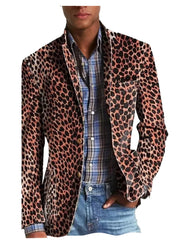 Threebooy  Men's Leopard Print Velvet Blazer Classic Fit Stylish Long Sleeve Notched Lapel Suit Jacket for Nightclub Wedding Streetwear