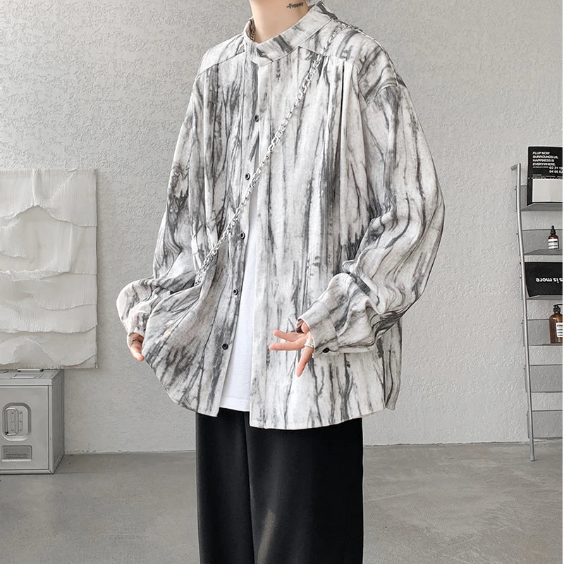 Threebooy Stand Collar Tie-dye Shirt Men Handsome Long Sleeve Men's Clothing Spring Autumn Korean Loose Streetwear Casual Shirts