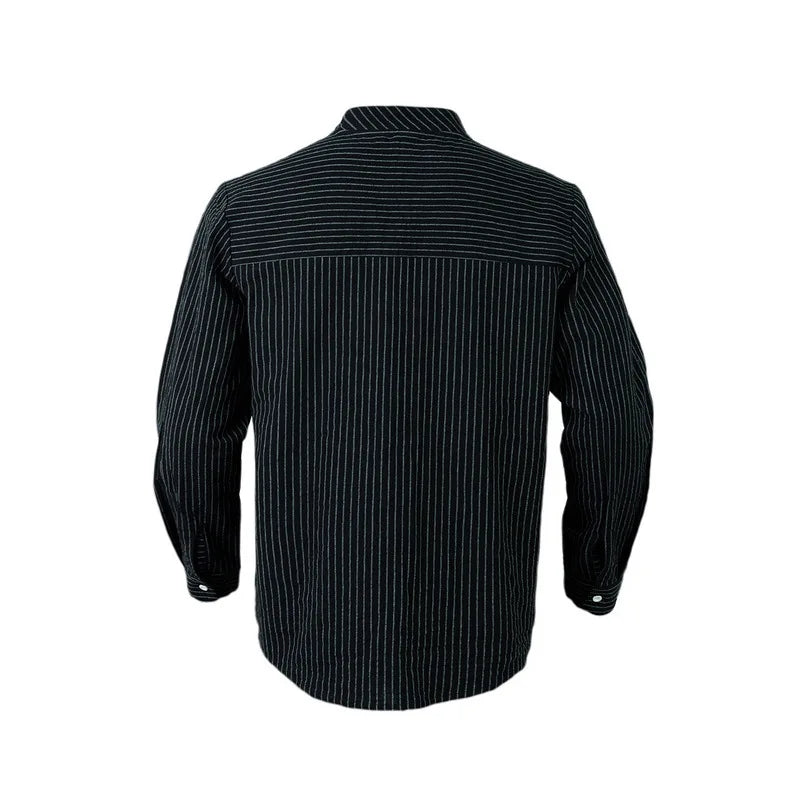 Threebooy 2025 New Autumn New Men's Casual Shirt Business Casual Style Linen Shirt Striped Stand Collar Long Sleeve Cardigan Shirt Men