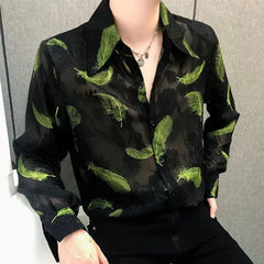 Threebooy Mens Sexy Feather Embroidery Mesh See-Through Thin Shirt Autumn Genderless Fashion Nightclub Hollow Shoulder Pad Shirt Unisex