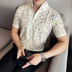 Threebooy  Summer New Men's Short Sleeved Shirt High Quality Fashion V-neck Flower Printed Shirt Breathable Casual Shirt Size 4XL-M
