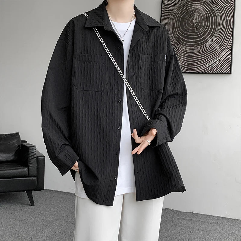 Threebooy High Quality Shirts Men Leisure Long Sleeve Chic New All-match Solid Summer Streetwear Loose Casual Simple College Daily