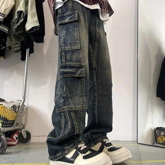 Threebooy  Men's Patchwork Blue Cargo Jeans Unisex Straight Casual Trousers Men Muti-pockets Hip Hop Streetwear 90s Vintage Fashion Pants