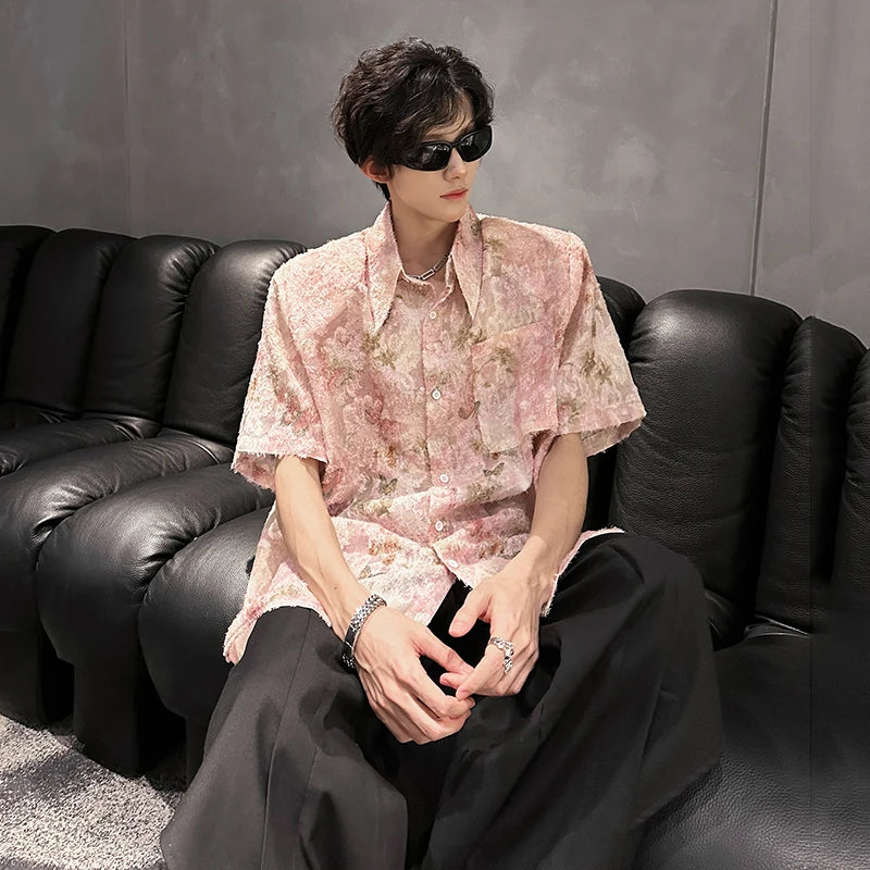 Threebooy Pink Butterfly Tassel Shirt Men Front Pocket Summer Loose Casual Floral Short Sleeve Shirts Oversize Streetwear Boy Girl Blouses