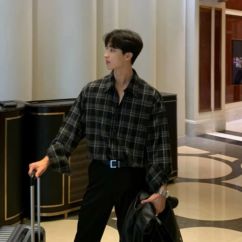 Threebooy Korean Plaid Shirt Men Oversized Fashion Retro Casual Shirt Men Streetwear Loose Long Sleeved Shirt Mens Black Vintage Shirts