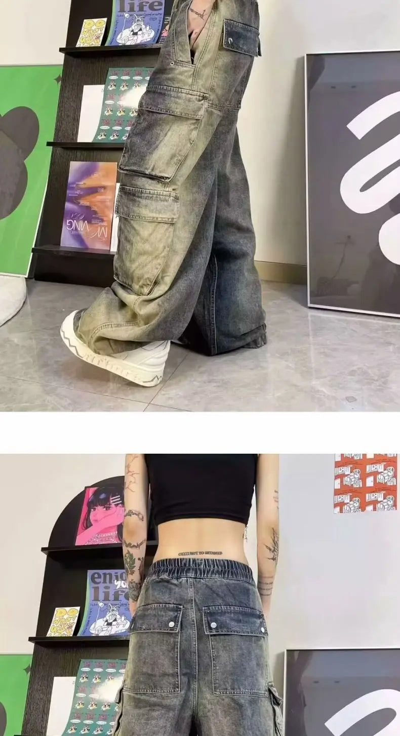 Threebooy Street men and women trendy and personalized hip-hop straight leg washed gradient jeans for couples loose casual Harajuku pants