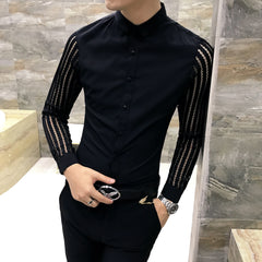 Threebooy Male Spring Hollow Out Shirt with Long Sleeves/Men's Slim Fit Lapel Business Shirt Brand Clothing Leisure Tops S-3XL