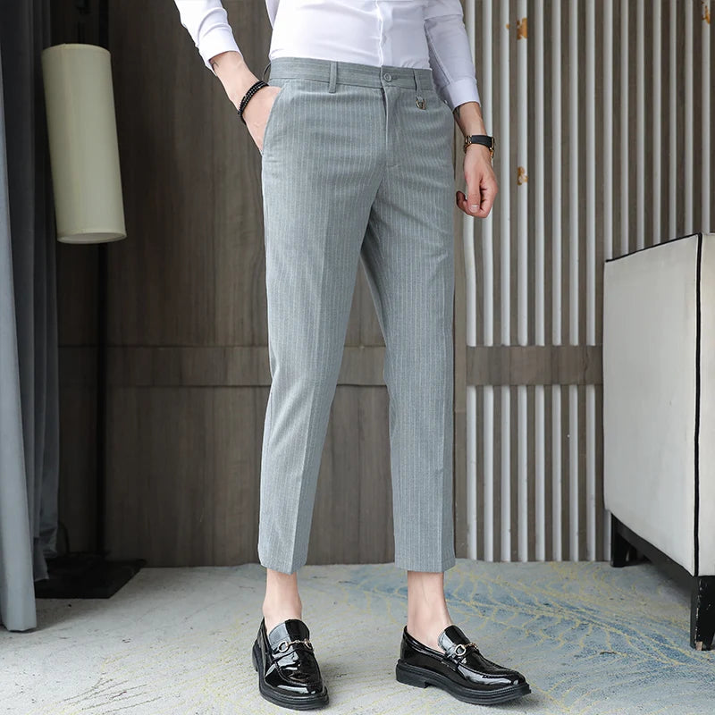 Threebooy  New Striped Nine-point Suit Pants Korean Fashion Slim Casual High-quality Trendy Office Trousers Plus Size 29-36