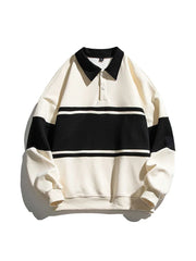 Threebooy American Retro Lapel Shirt Color Contrast Button Sweatshirt Men Women Preppy Oversize Stripe Turn Down Collar Pullover