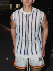 Threebooy  American Style Hard Man Hollow Knitted Vest Muscle Men's Mesh Perspective Loose Sleeveless T-shirt Stripe Mesh Vest Trendy
