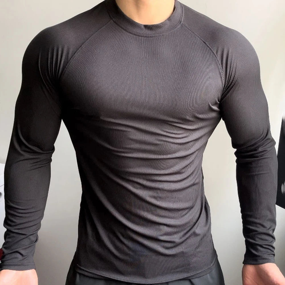 Threebooy Mens T-Shirt Stretch Gym Sports T-Shirt Fashion All-Match Solid Color Tight Fitness Comfort Long-Sleeved Top Men'S Clothing
