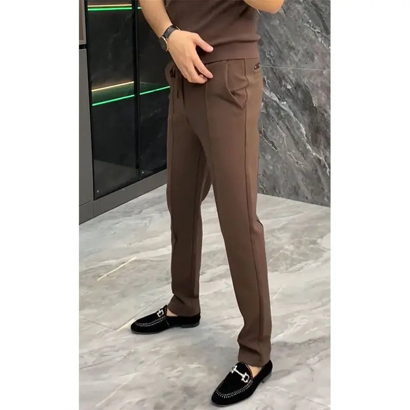 Threebooy  Simplicity Trend Spring Autumn Suit Pants Men Solid Pockets Zipper Smart Casual Office Social Slim Bound Feet Straight Trousers