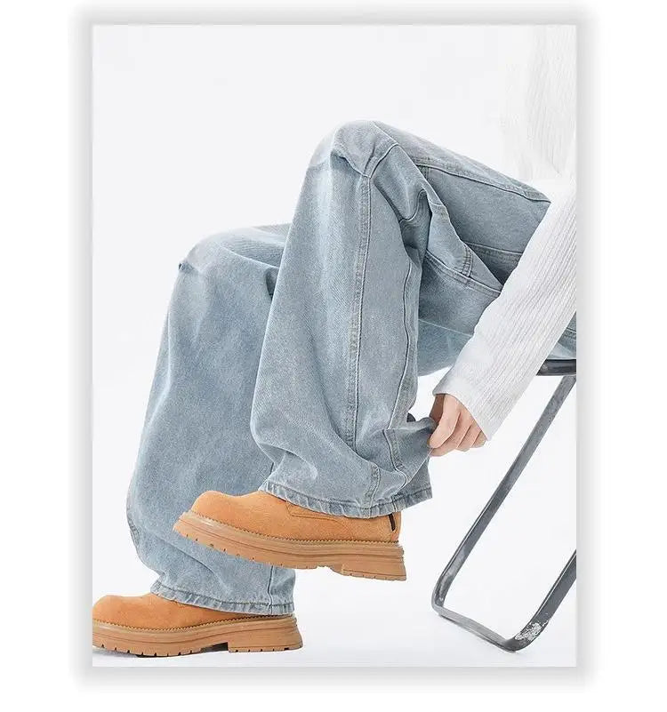 Threebooy Hip hop personality trend men and women straight leg washed jeans American couple loose retro curved knife casual pants y2k